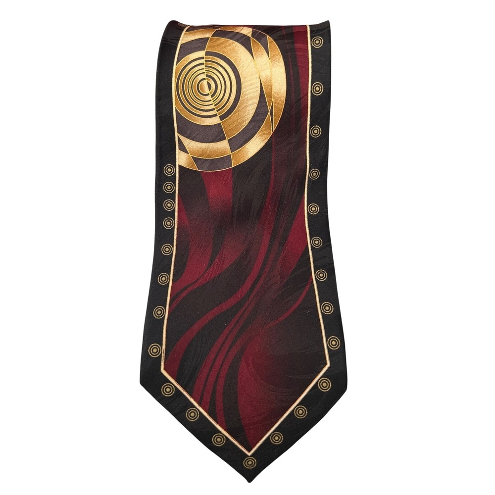 Bello Uomo Silk Blend Abstract Geometric Pattern Necktie Men Burgundy Gold Black